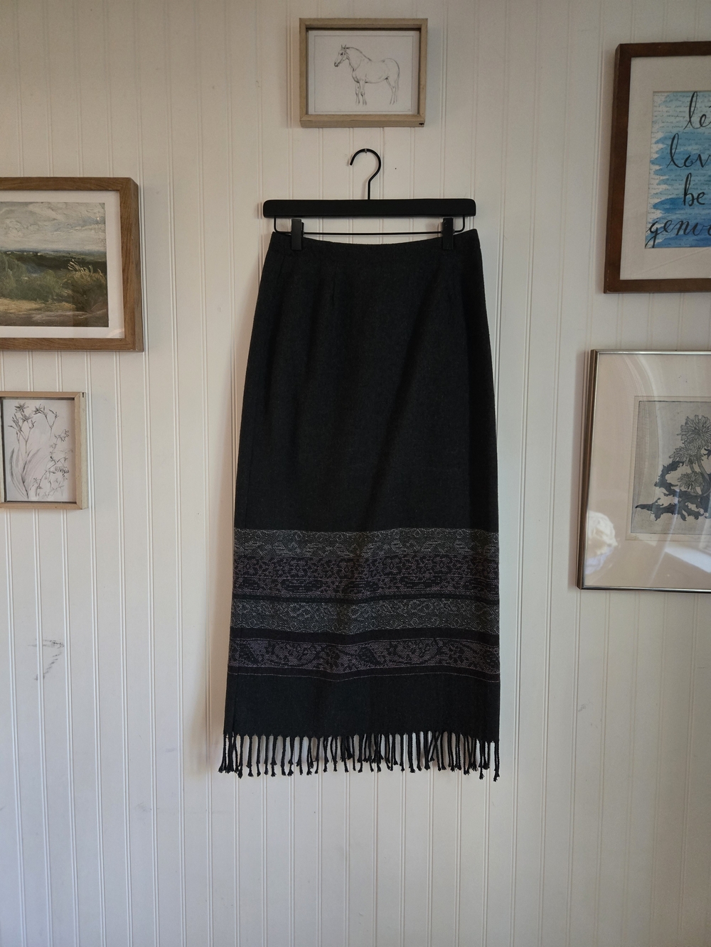 Vintage Dressbarn Black Maxi Skirt with Patterned Hem and Fringe